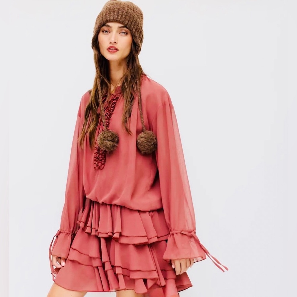 🌸✨Thirty Thirty LA Boho Romantic Powder Pink Chiffon Ruffle Dress – NWT✨🌸